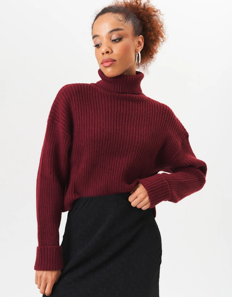 Burgundy High Neck Chunky Knit Crop Jumper