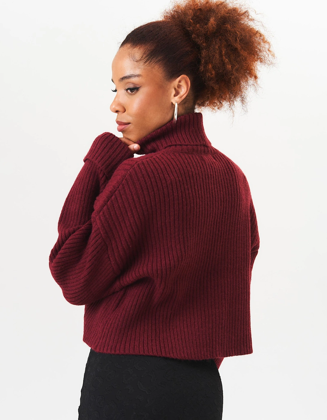 Burgundy High Neck Chunky Knit Crop Jumper