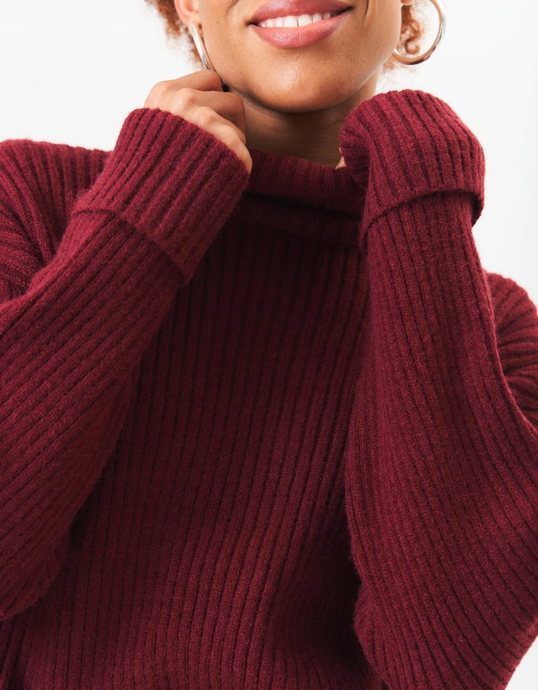 Burgundy High Neck Chunky Knit Crop Jumper