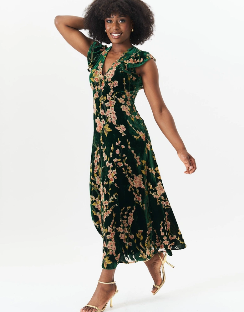 Green Floral Devore Ruffle V Neck Midaxi Dress