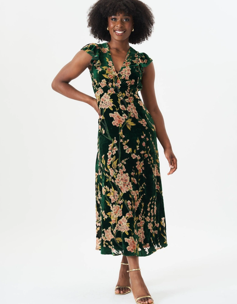 Green Floral Devore Ruffle V Neck Midaxi Dress