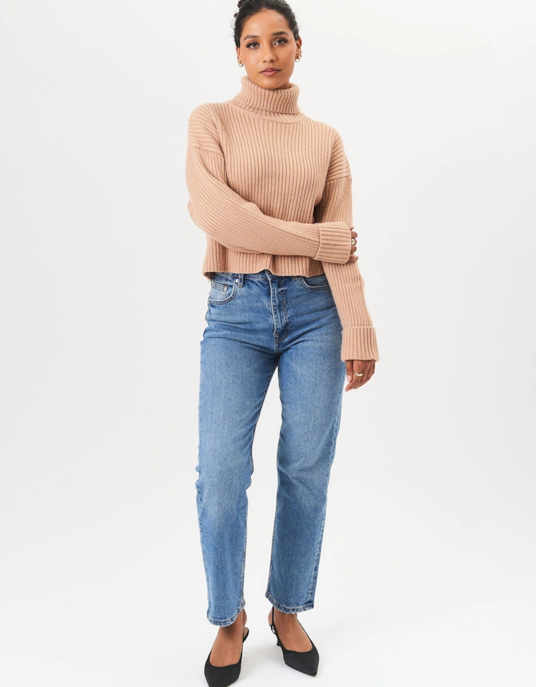 Camel High Neck Chunky Knit Crop Jumper
