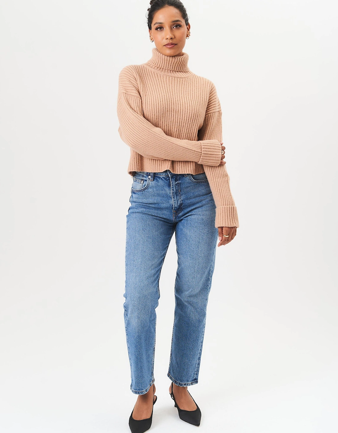 Camel High Neck Chunky Knit Crop Jumper
