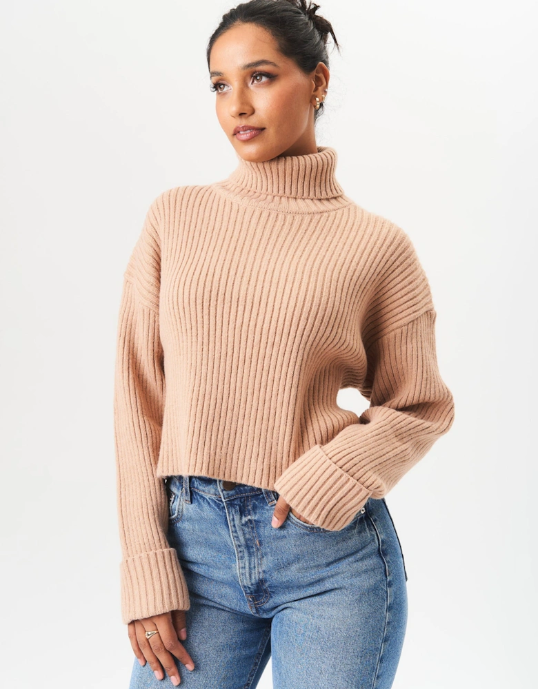 Camel High Neck Chunky Knit Crop Jumper