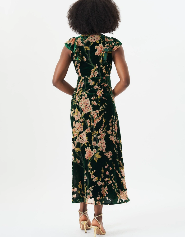 Green Floral Devore Ruffle V Neck Midaxi Dress