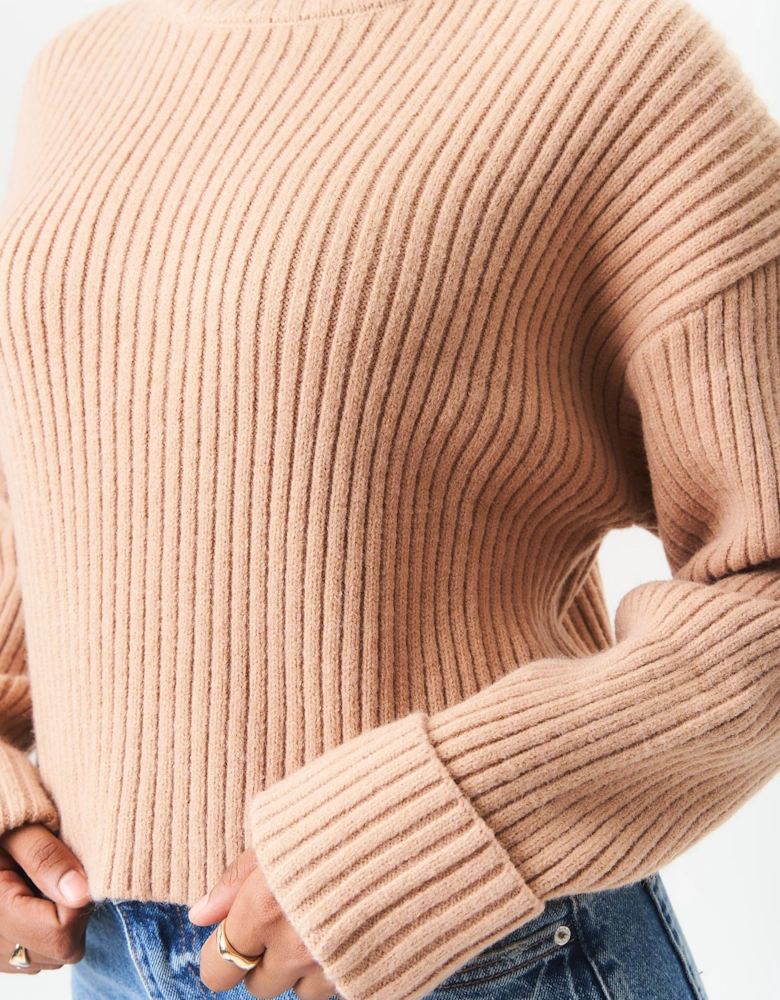 Camel High Neck Chunky Knit Crop Jumper
