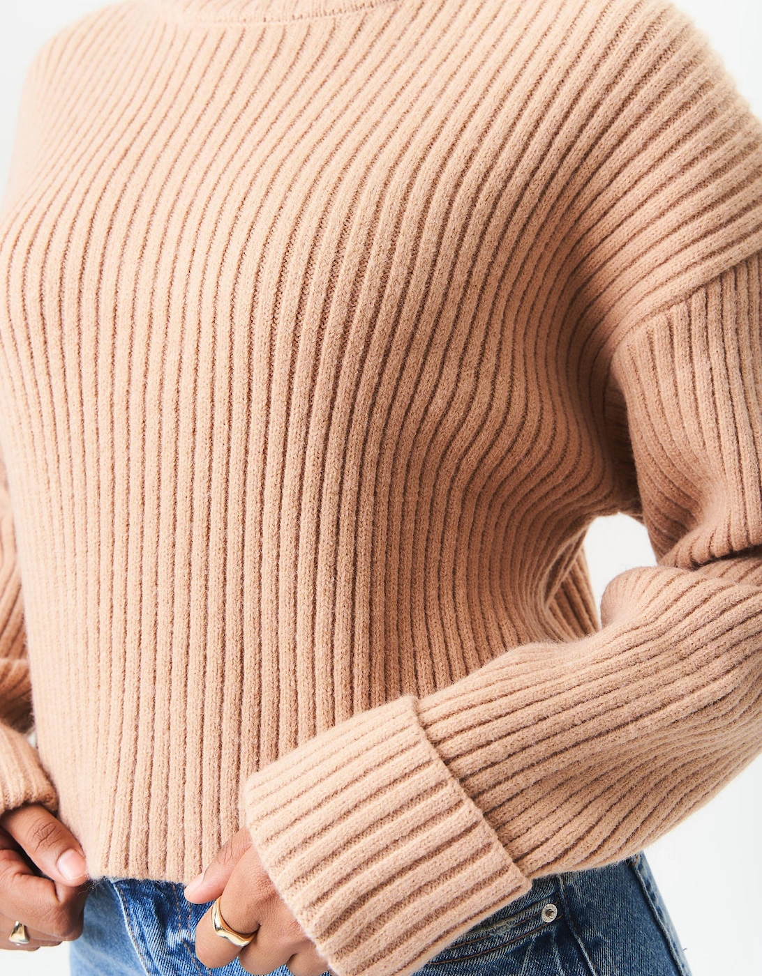 Camel High Neck Chunky Knit Crop Jumper