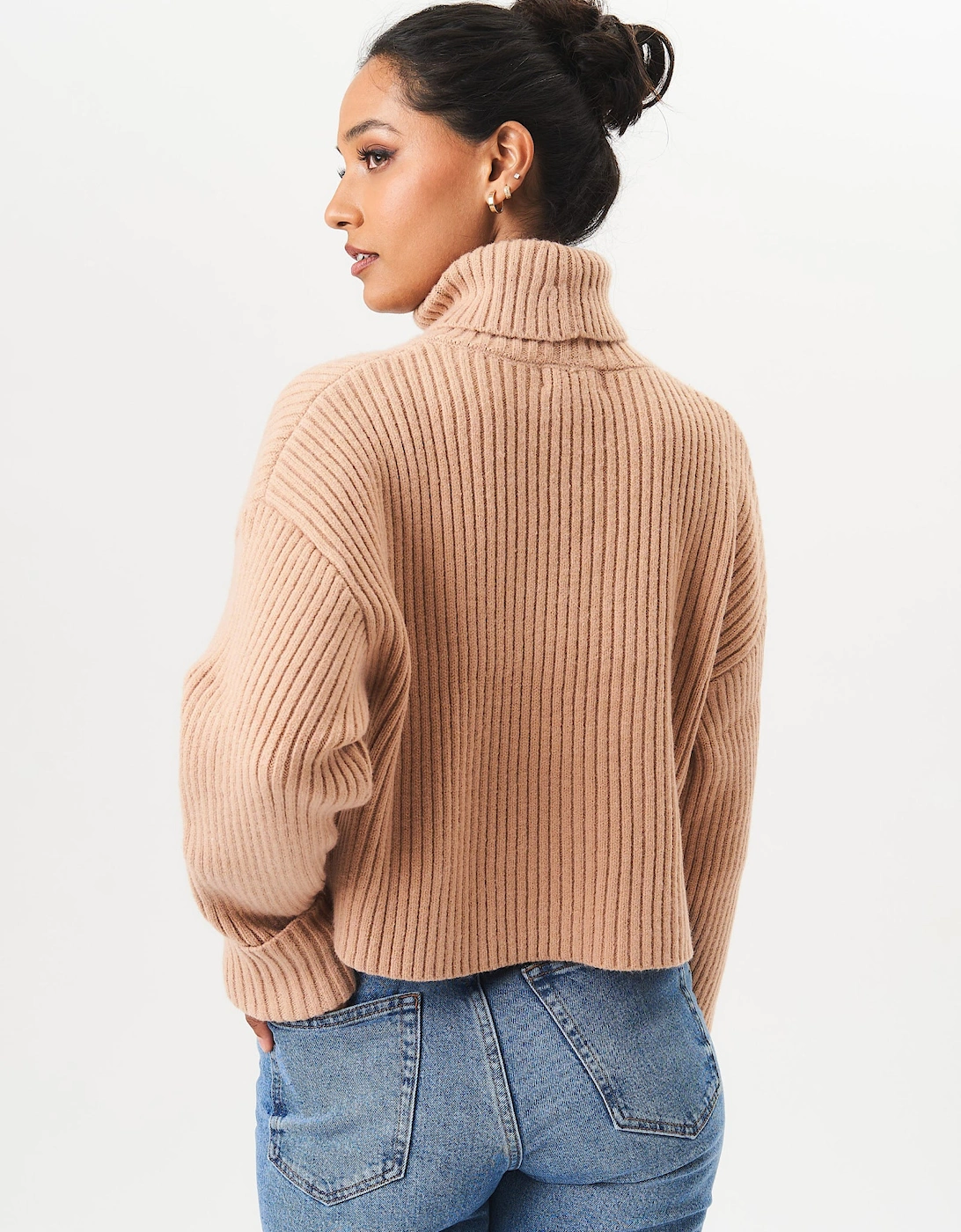 Camel High Neck Chunky Knit Crop Jumper