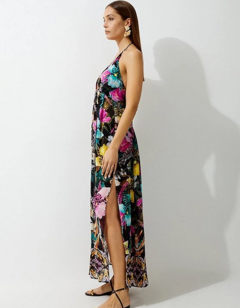 Mirrored Tropical Viscose Georgette Strappy Beach Dress