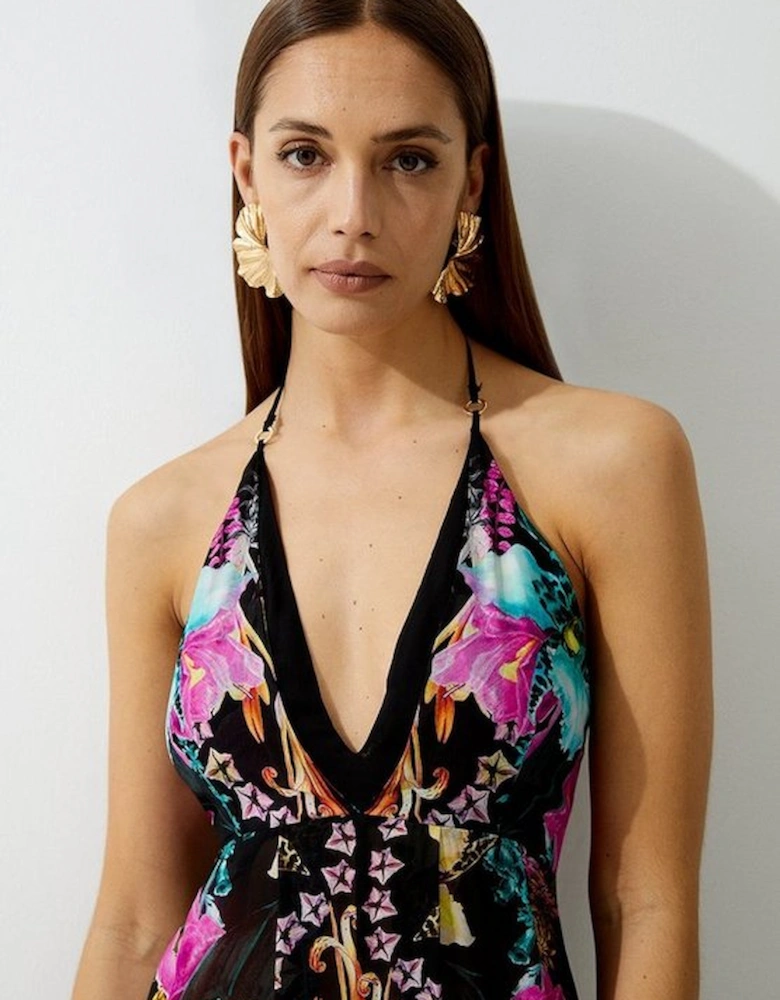 Mirrored Tropical Viscose Georgette Strappy Beach Dress