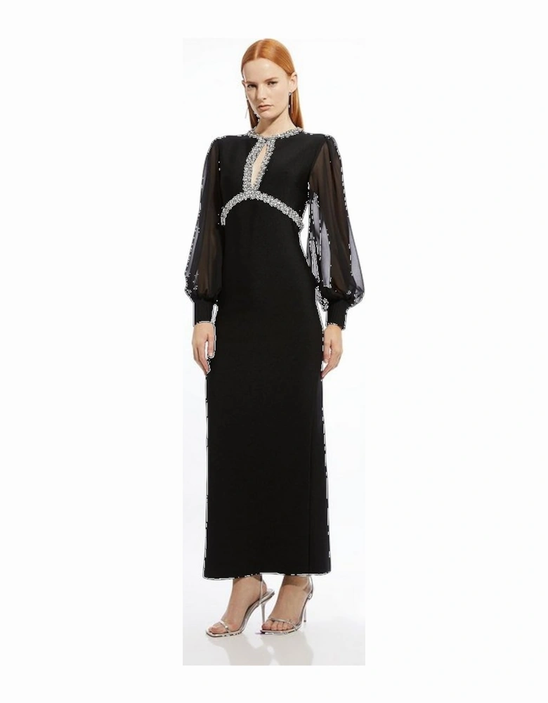 Embellished And Chiffon Sleeve Figure Form Knit Maxi Dress