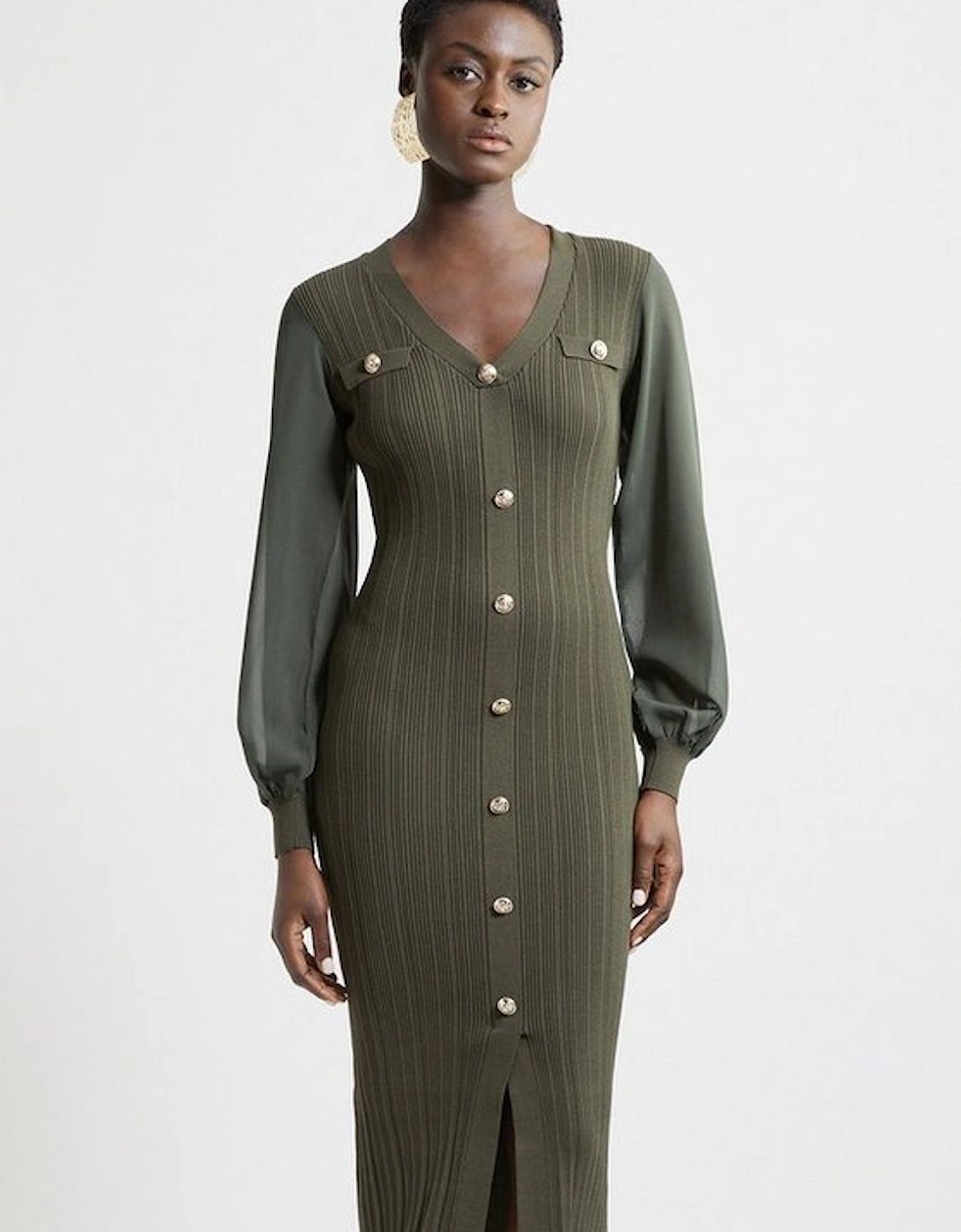 Military Rib Knit Georgette Sleeve Midi Dress