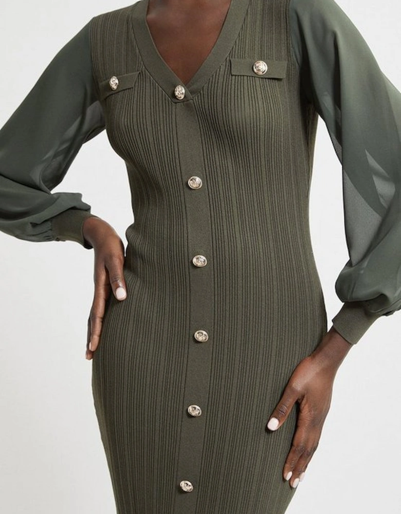 Military Rib Knit Georgette Sleeve Midi Dress