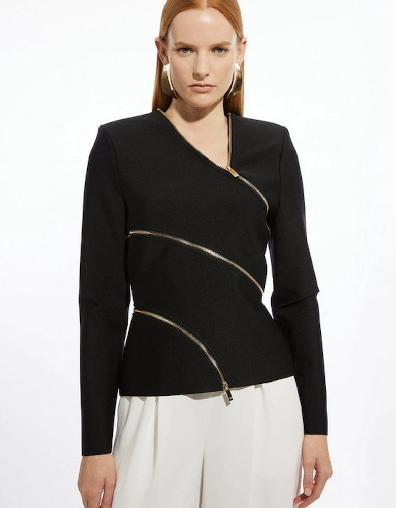 Asymmetric Zip Detail Figure Form Bandage Knit Top