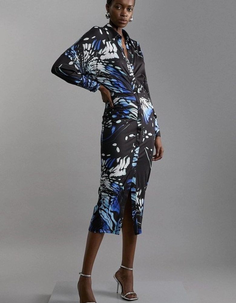 Abstract Swirl Printed Jersey Crepe Maxi Shirt Dress