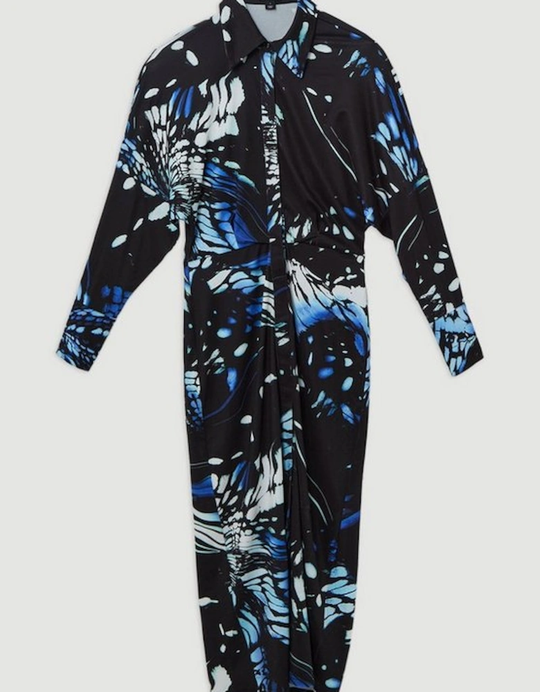 Abstract Swirl Printed Jersey Crepe Maxi Shirt Dress