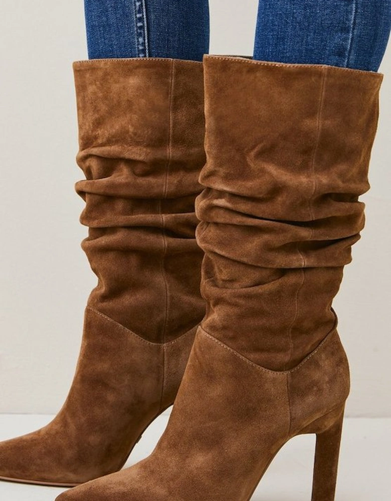 Suede Mid Calf Slouch Heeled Boot