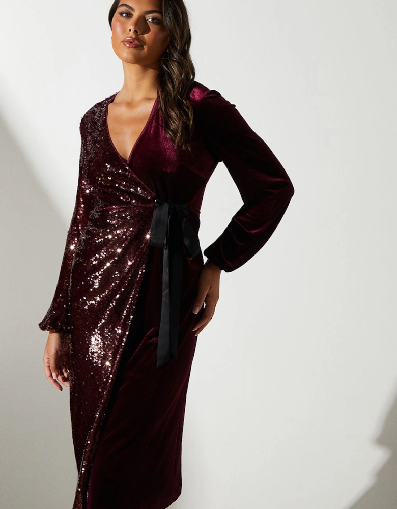 Party Sequin Long Sleeve Velvet Wrap Dress