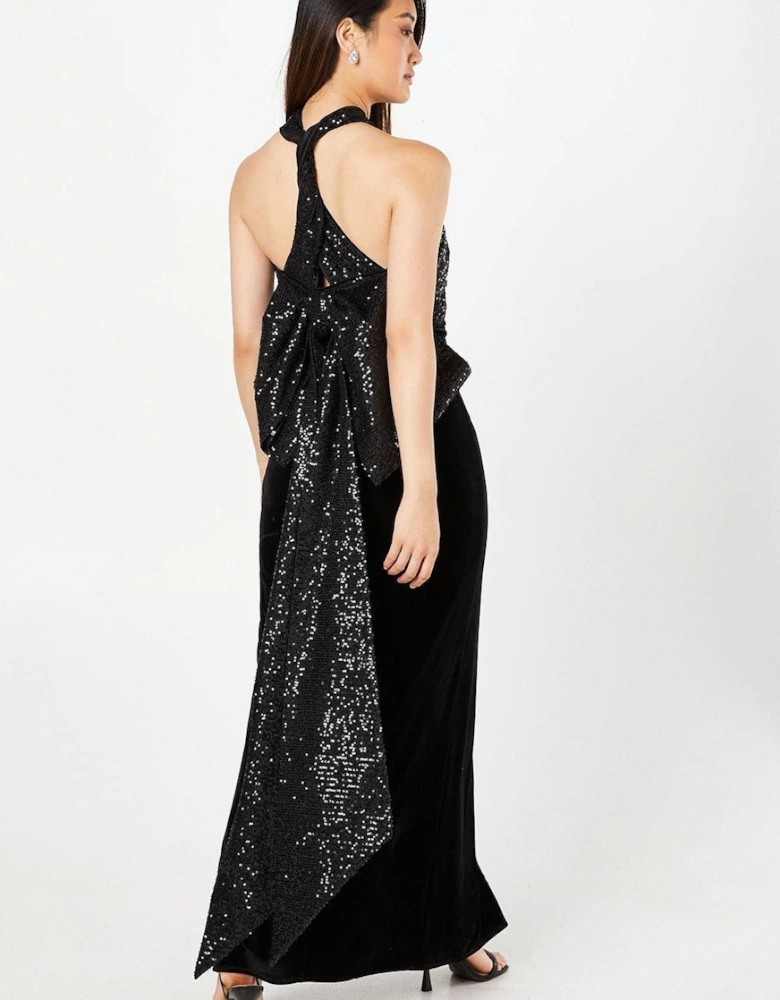 Contrast Sequin Cross Neck Bow Velvet Black Maxi Dress