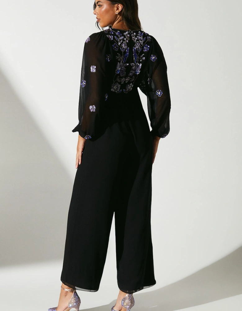 Party Embellished Long Sleeve Batwing Jumpsuit