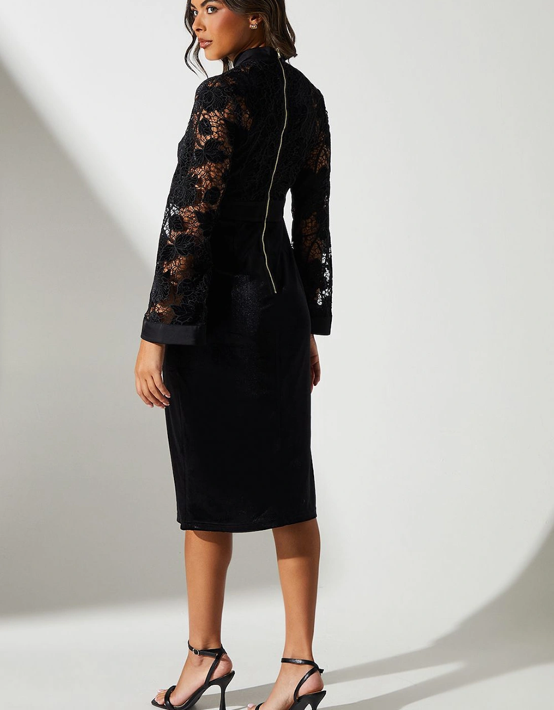 Velvet Lace Long Sleeve High Neck Midi Dress