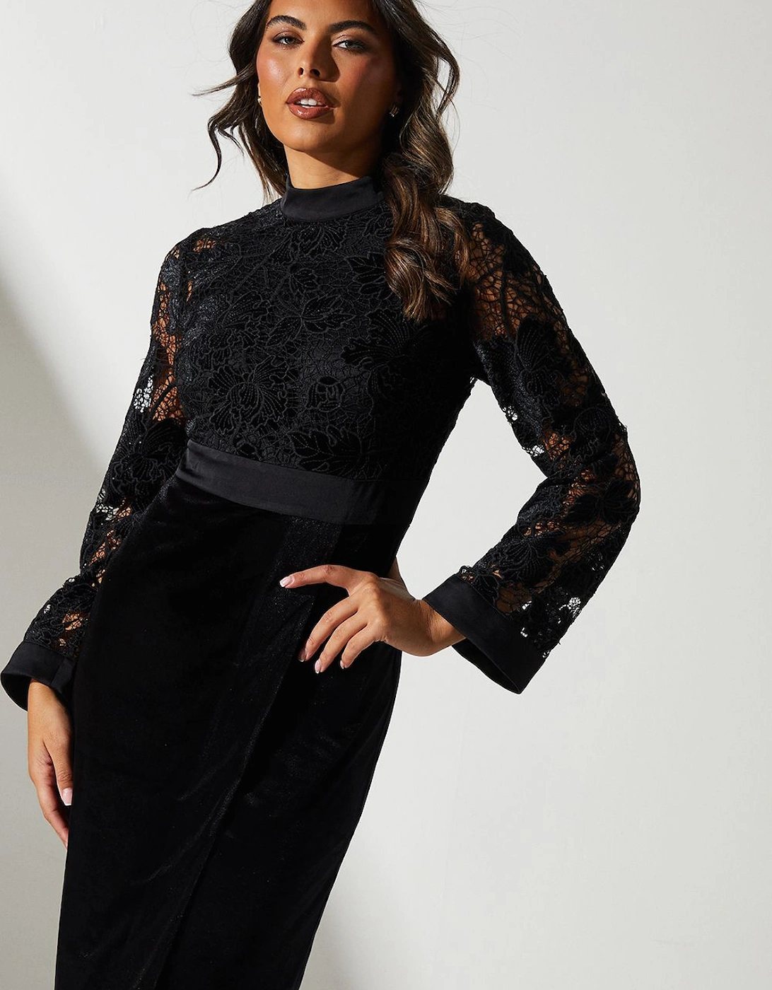 Velvet Lace Long Sleeve High Neck Midi Dress