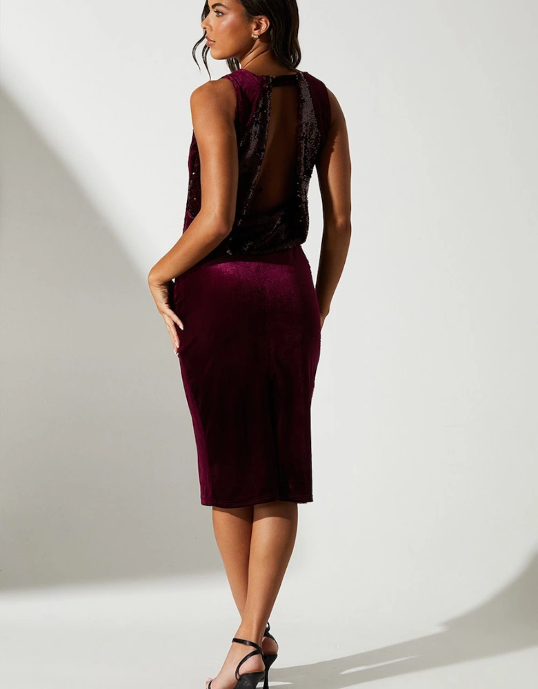 Party Sequin Pencil Dress With Velvet Cowl Back