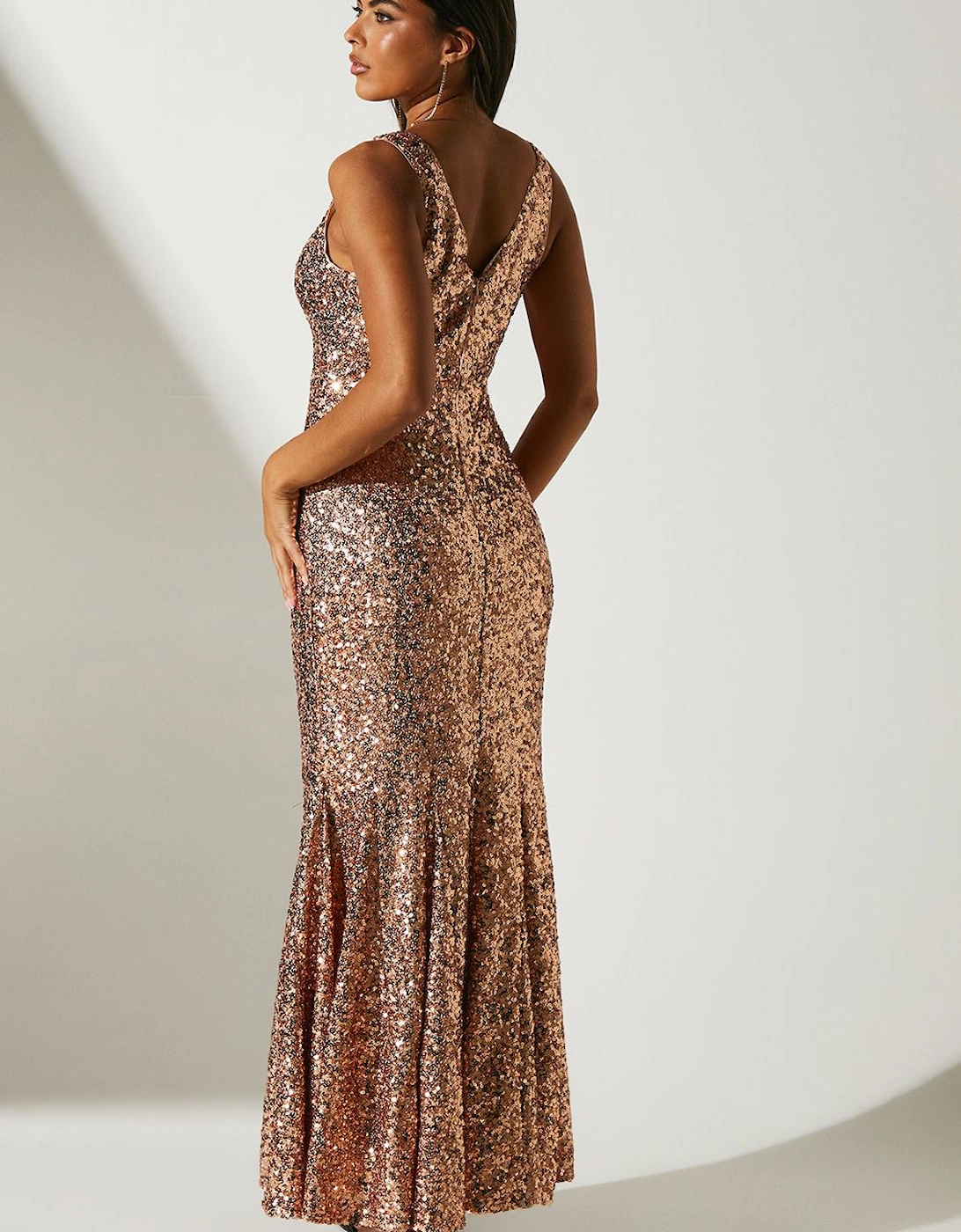 V Neck Sequin Fishtail Maxi Dress