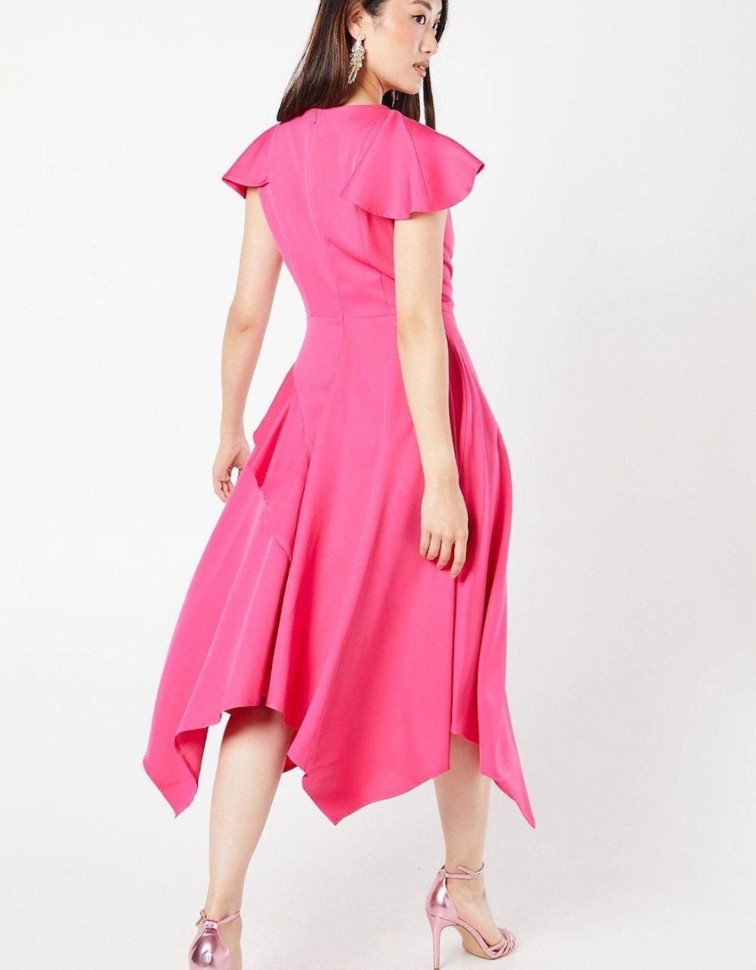 Stretch Crepe Flutter Sleeve Midi Wedding Guest Dress With Ruffle Skirt