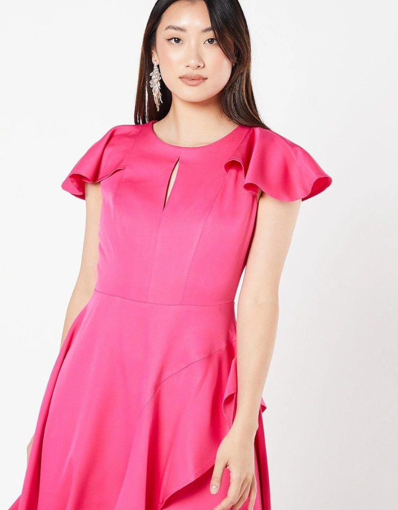 Stretch Crepe Flutter Sleeve Midi Wedding Guest Dress With Ruffle Skirt