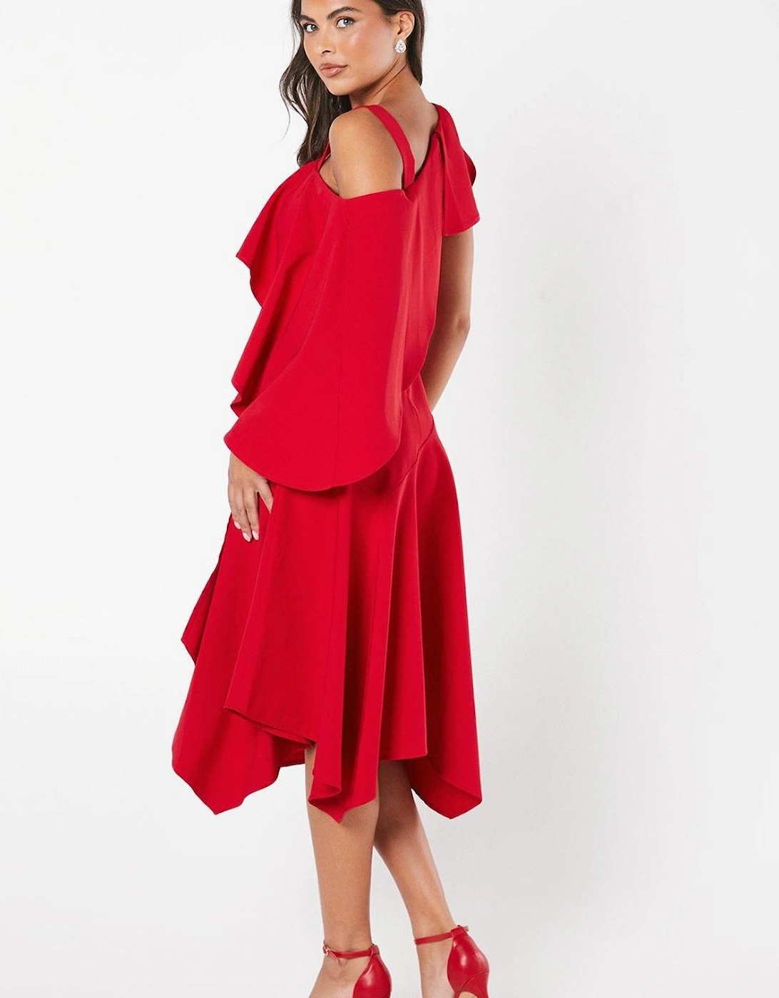 One Shoulder Ruffle Crepe Midi Dress