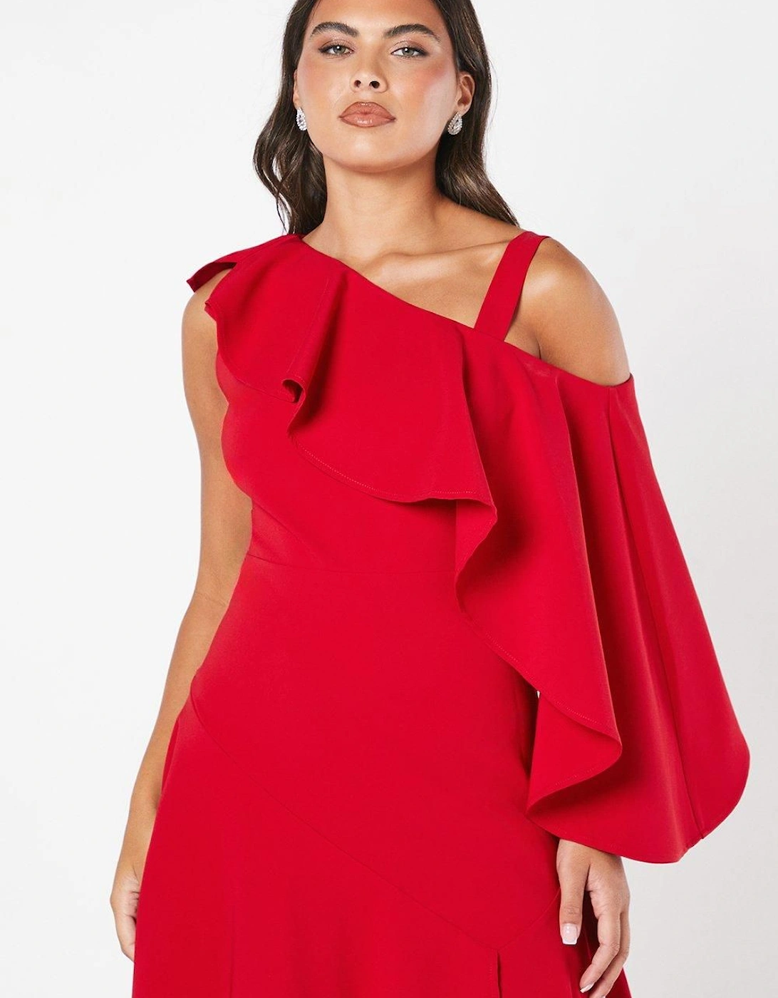 One Shoulder Ruffle Crepe Midi Dress