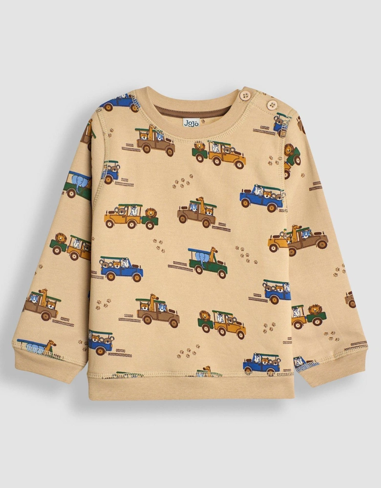 Boys Safari Jeep Printed Sweatshirt - Beige