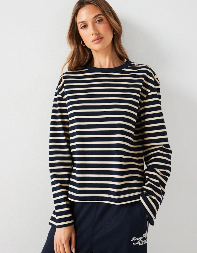 Button Detail Striped Top - Navy