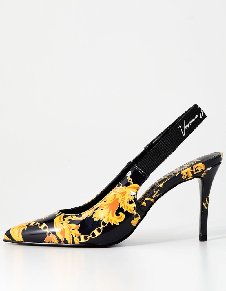 Baroque Print Slingback Heels - Black/Gold