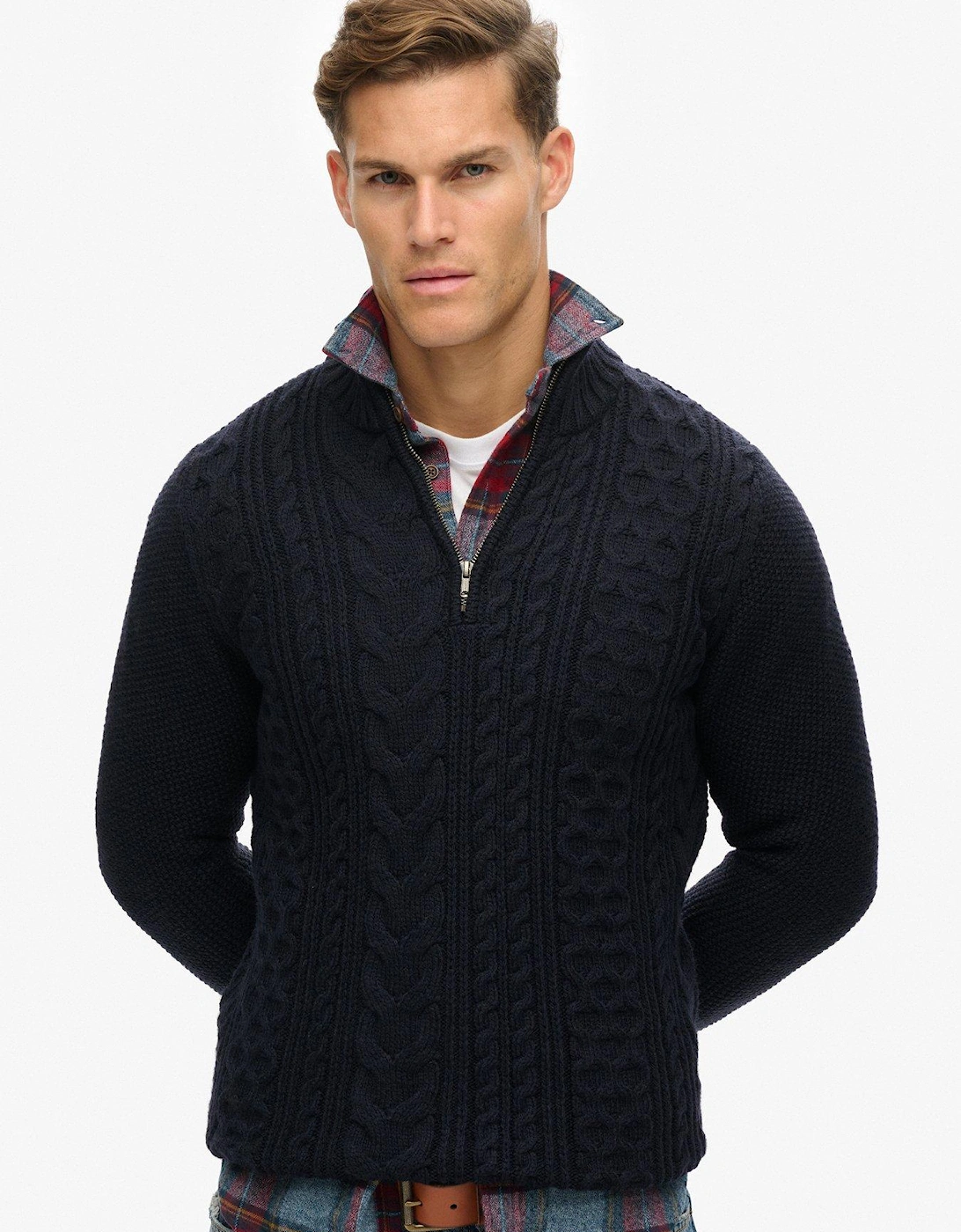 Jacob Cable Half Zip Knitted Jumper - Navy, 5 of 4