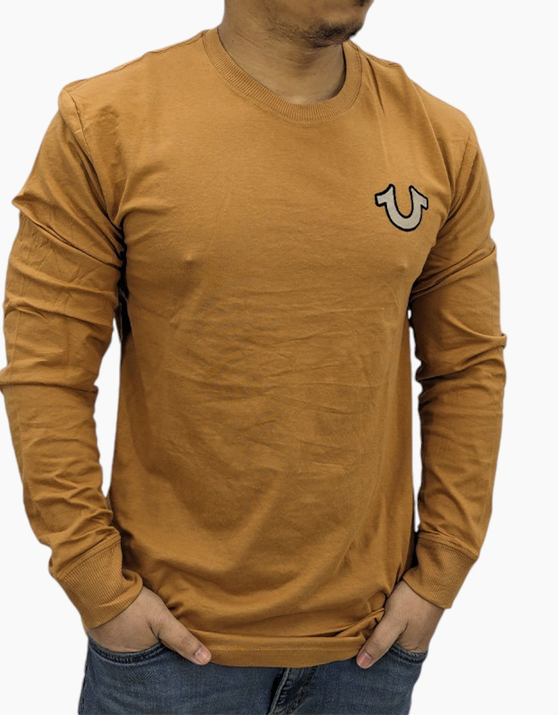Men's True Religion 107704 Mens T Shirts Crew Neck Long Sleeve Summer Buddha T Shirt - Tan - Size: 38
