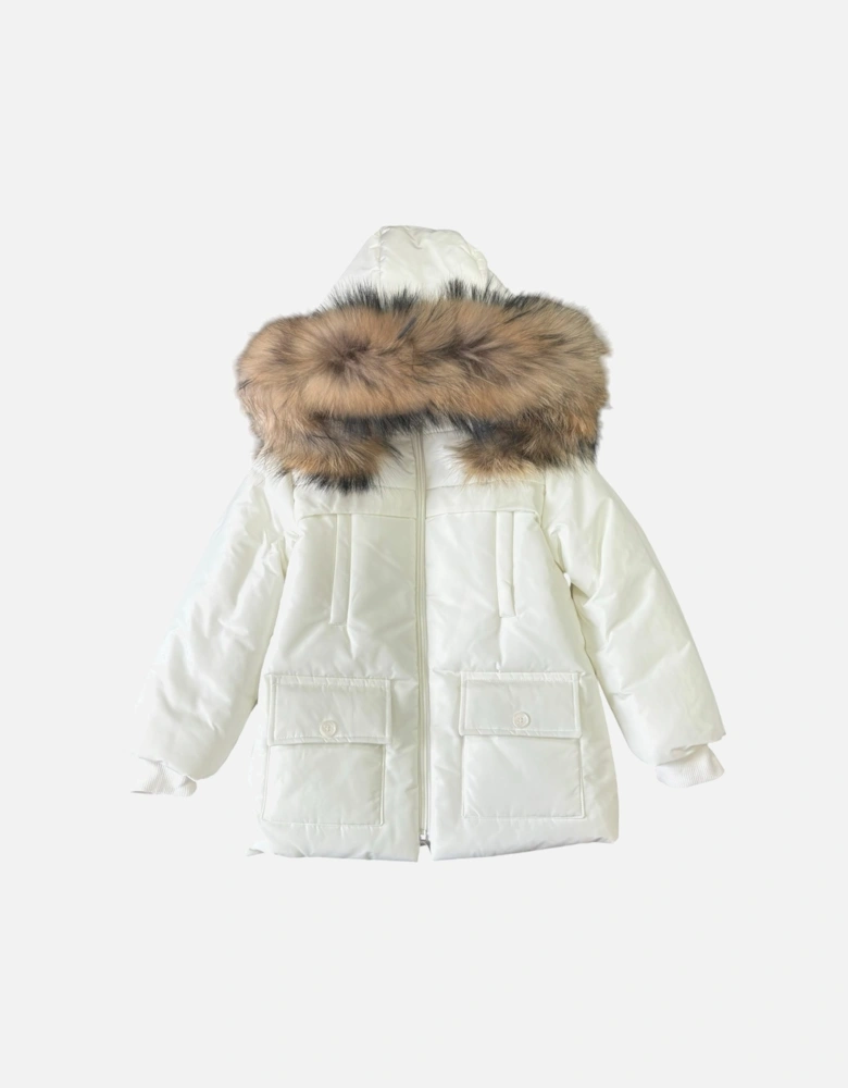 Cream Fur Trim Parka Coat