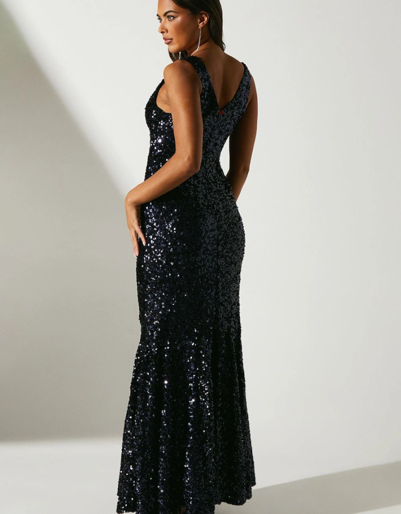 V Neck Sequin Fishtail Maxi Dress