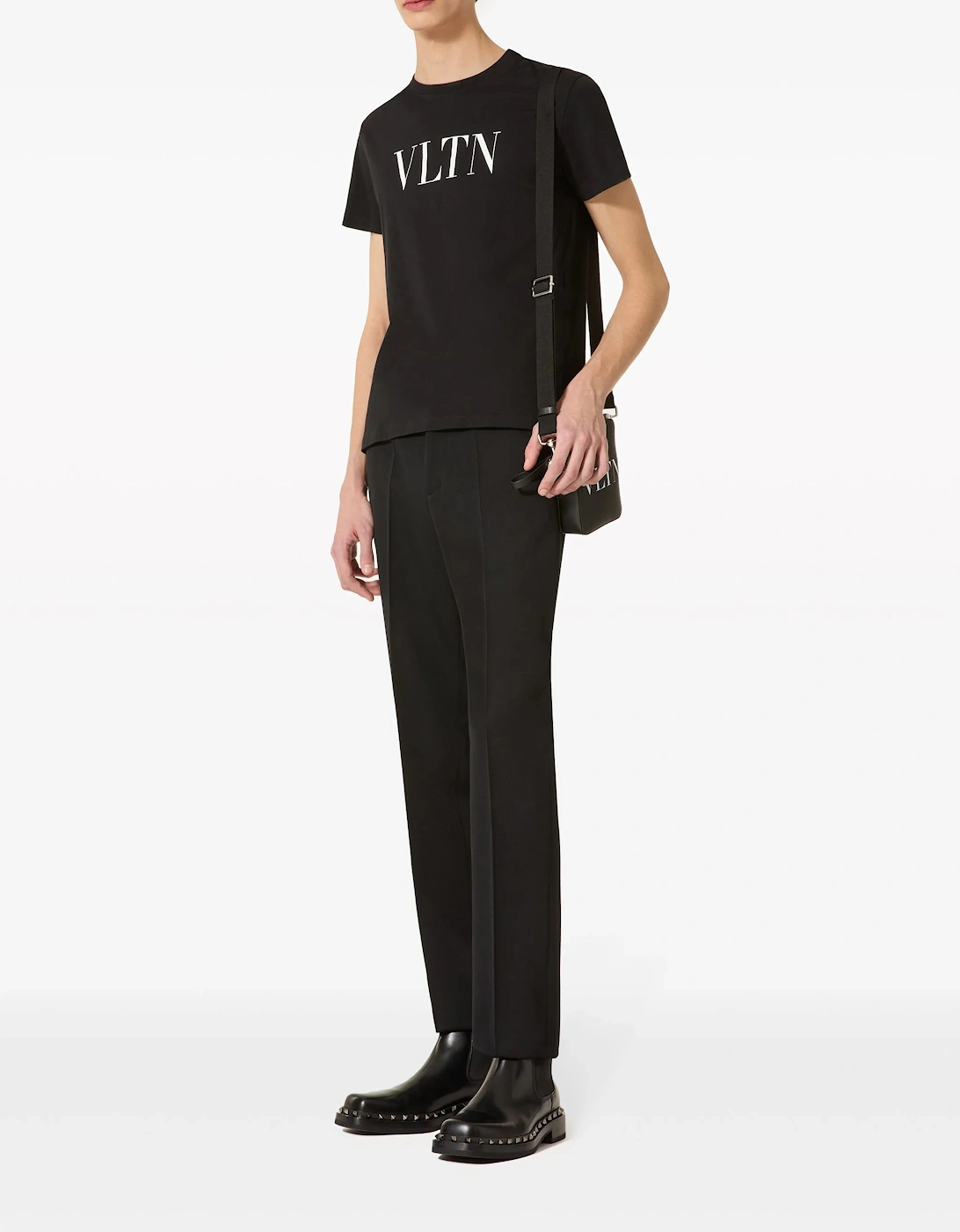 White Bold VLTN Print Logo T-Shirt in Black