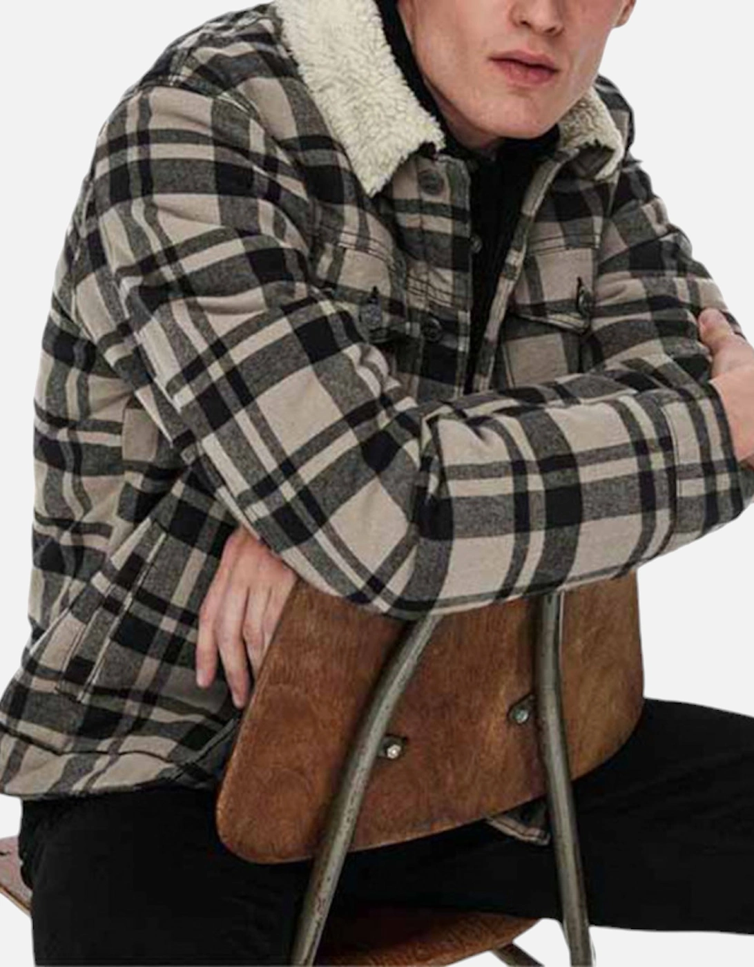 Mens Winter Jacket Long Sleeve Fur Collar Fleece Lumberjack Check Shirt Jacket