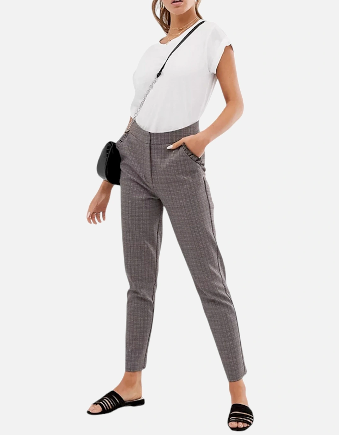 Womens Check Trousers Stretch Ladies Office Party Casual Slim Bottoms