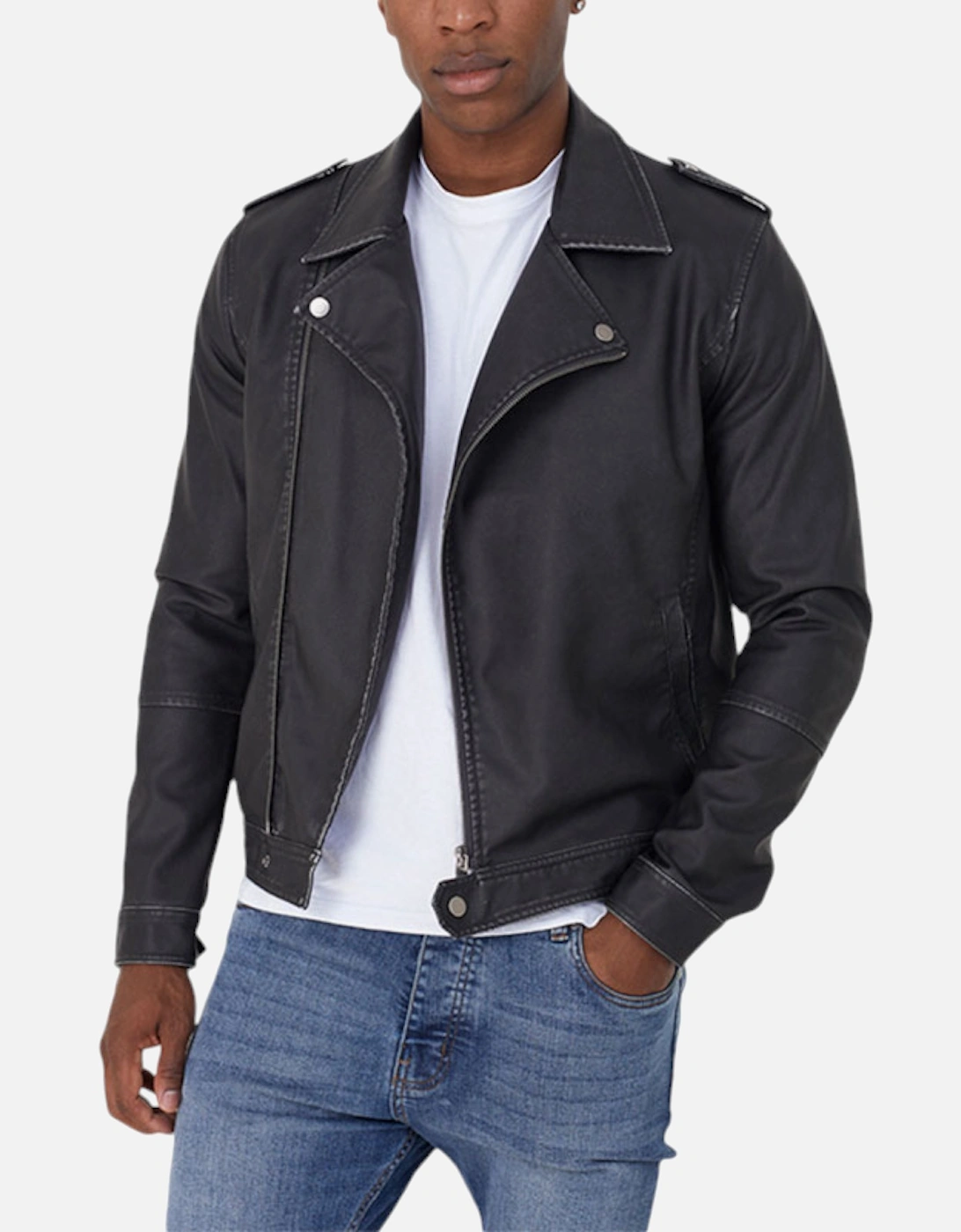 Men's BRAVE SOUL Mens Biker Jacket Long Sleeve Vintage Racer Black Winter Outwear S-XL - Size: 42/Regular