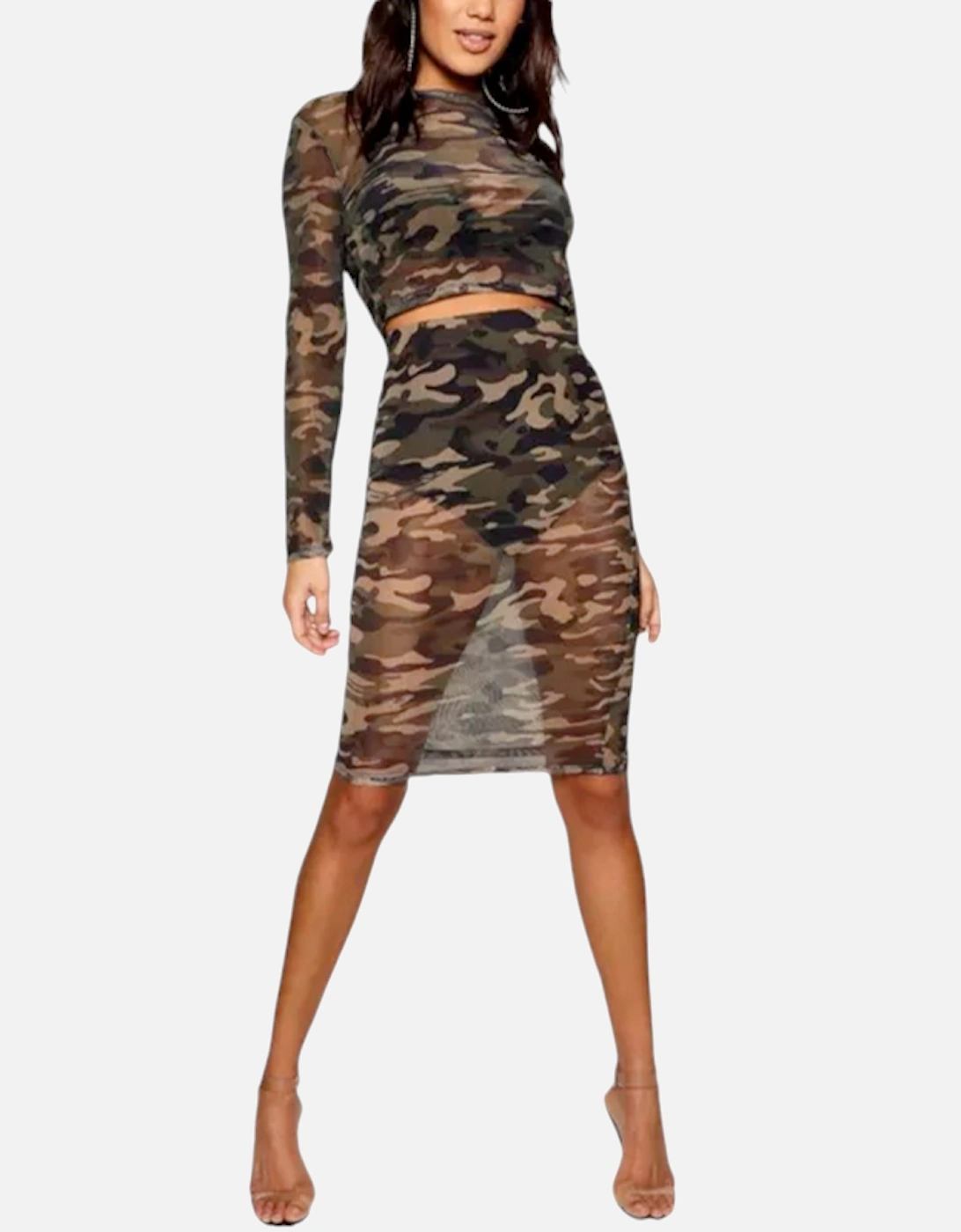 Women's BRAVE SOUL Womens Co-Ord Sets Camo Print Stretch Ladies Mesh Crop Top Midi Skirt - Size: 6