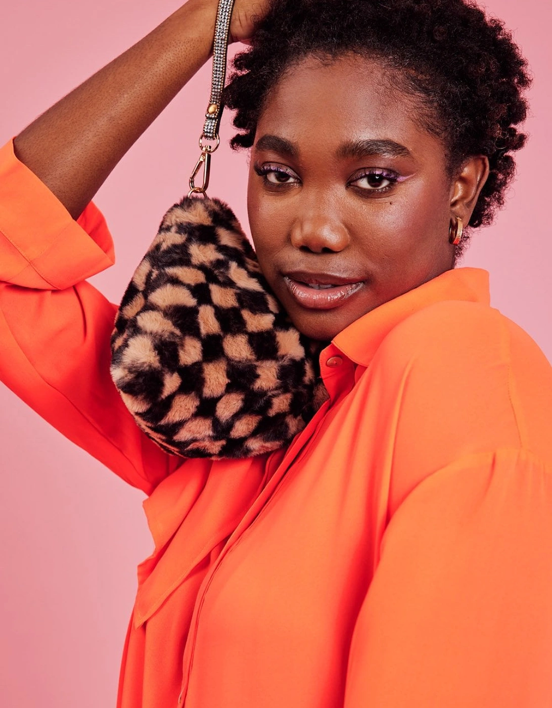 Checkered Brown and Black Faux Fur Pyramid Bag