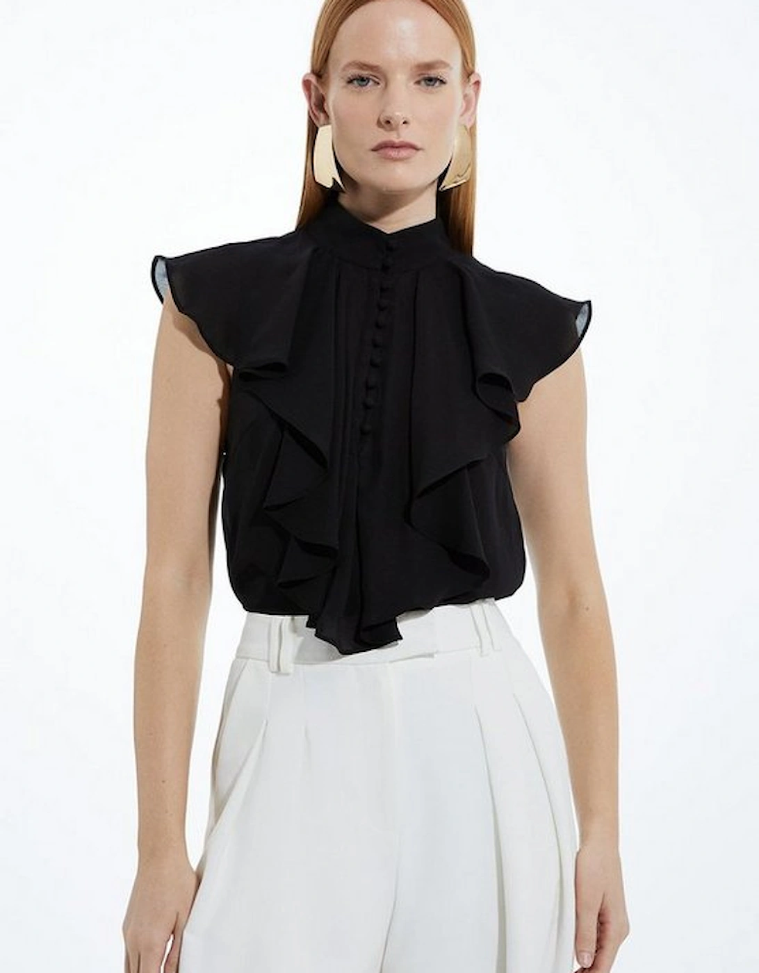 Ruffle High Neck Georgette Sleeveless Woven Blouse