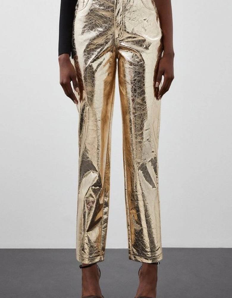 Petite Metallic Faux Leather Straight Trousers