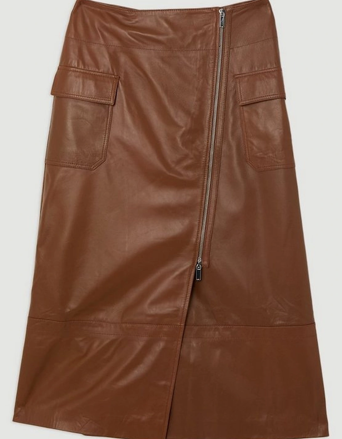 Leather Utility Pocket A Line Zip Through Midi Skirt