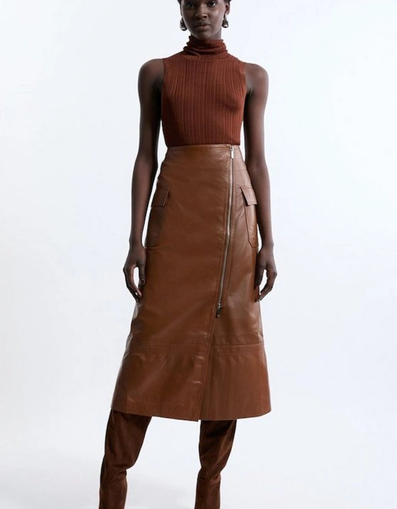 Leather Utility Pocket A Line Zip Through Midi Skirt