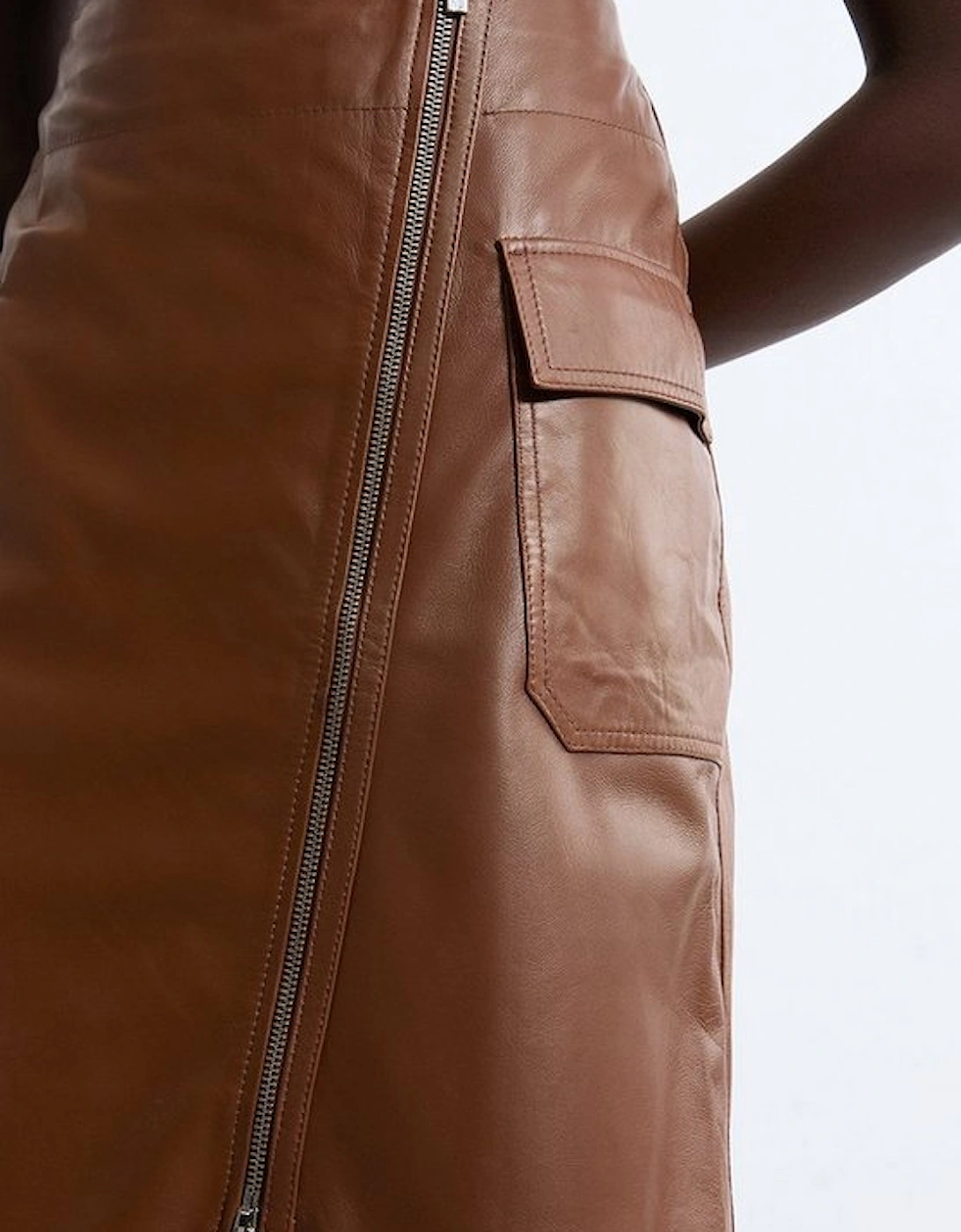 Leather Utility Pocket A Line Zip Through Midi Skirt